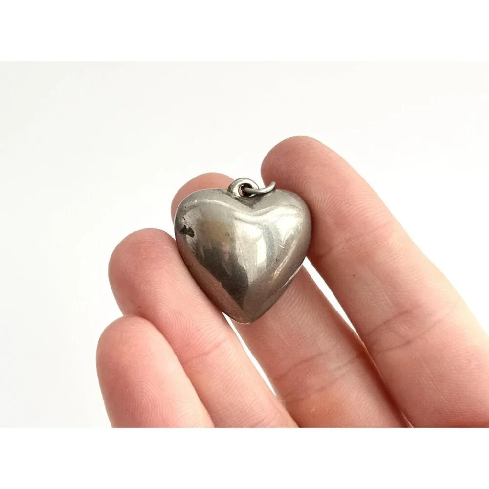 Silver Toned Puffed Heart Vintage Costume Jewelry Pendant | Charm